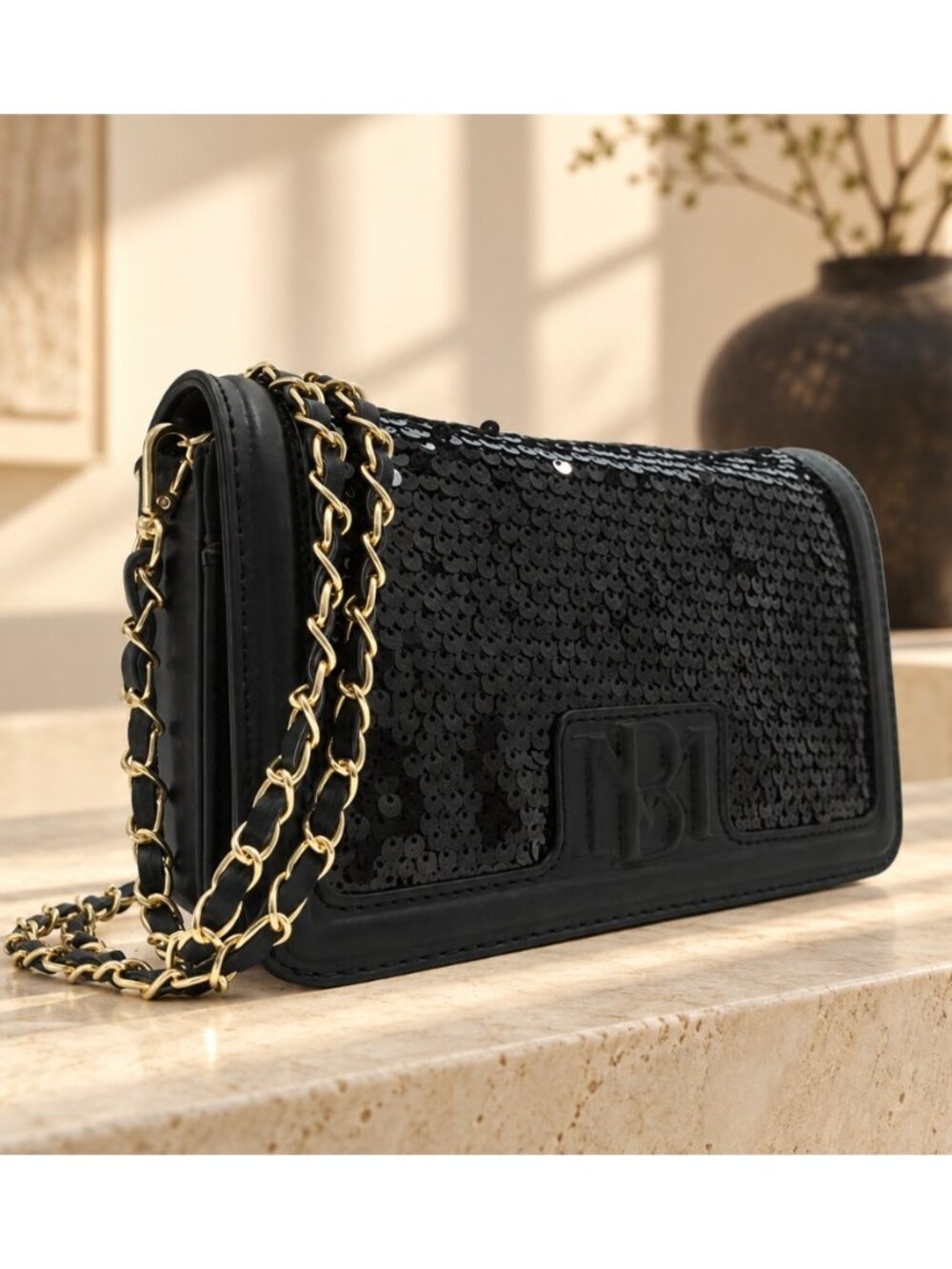 Badgley Mischka BM-4174 Black Sequin Logo Crossbody Evening Bag NWT